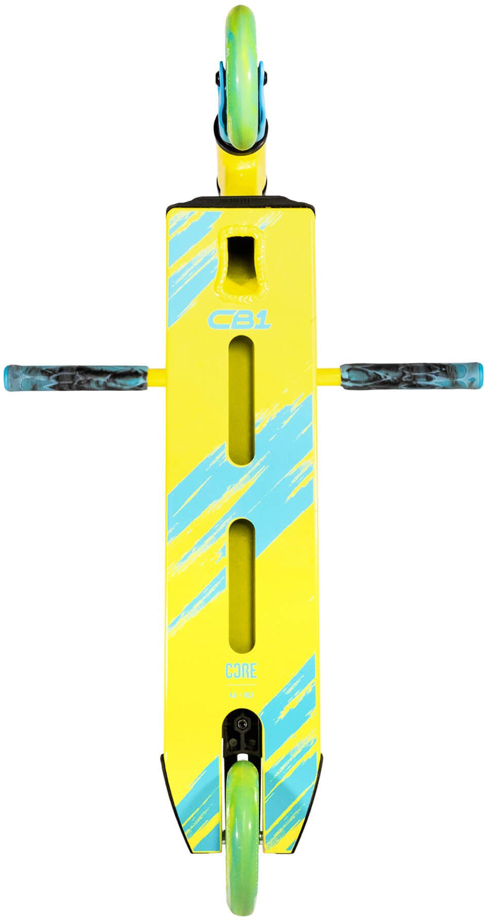 A top-down view of the CORE CB1 Beginner Complete Stunt Scooter by CORE in Highlighter Yellow and Blue, featuring blue stripes on the deck, blue-green wheels, and black and blue handlebars. The deck has two long slots and a cutout near the front, making it an ideal stunt scooter for beginners.