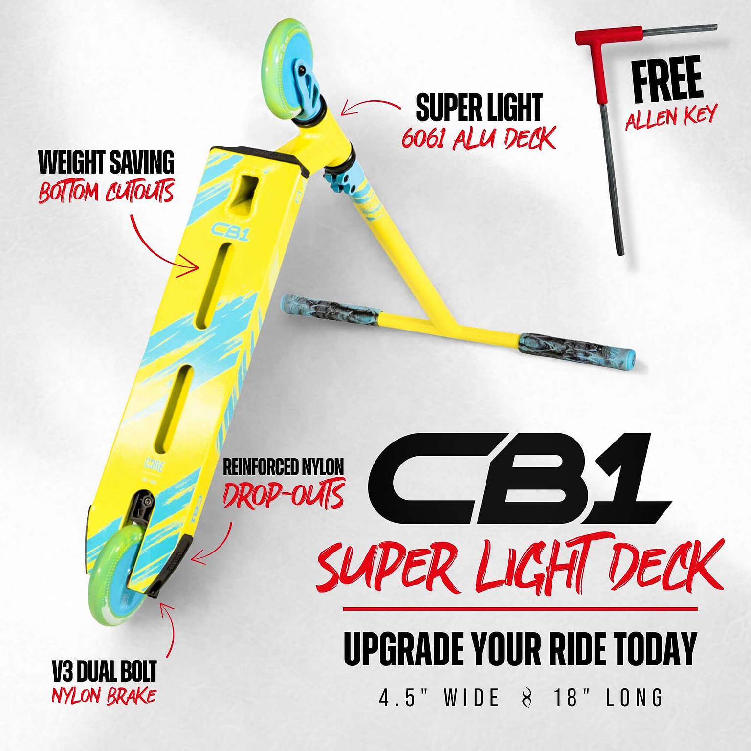 Introducing the CORE CB1 Beginner Complete Stunt Scooter in Highlighter Yellow and Blue from CORE. Featuring a super light 6061 aluminum deck, reinforced nylon drop-outs, weight-saving bottom cutouts, and a V3 dual bolt nylon brake, this scooter also comes with a free Allen key. Perfect for beginners looking to upgrade their ride, the CORE CB1 is designed as an ideal stunt scooter to kickstart your scooting journey.