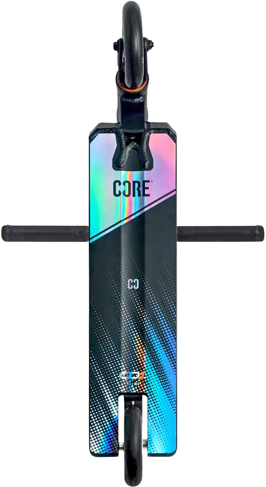 Top view of the CORE CD1 Complete Stunt Scooter by CORE, featuring a neochrome deck with "CORE" branding, black horizontal handlebars, and black wheels—ideal as a beginner stunt scooter for new riders.