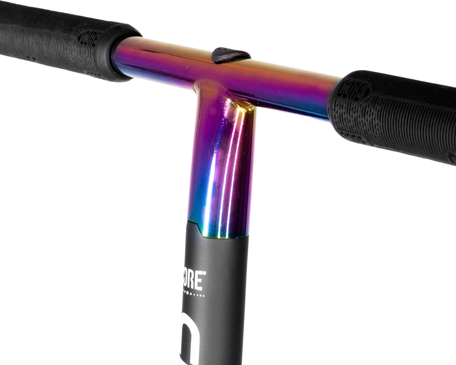 Close-up of the handlebar on the CORE CD1 Complete Stunt Scooter - Neochrome / Black by CORE, featuring black rubber grips and a colorful neochrome finish, attached to a black scooter stem.