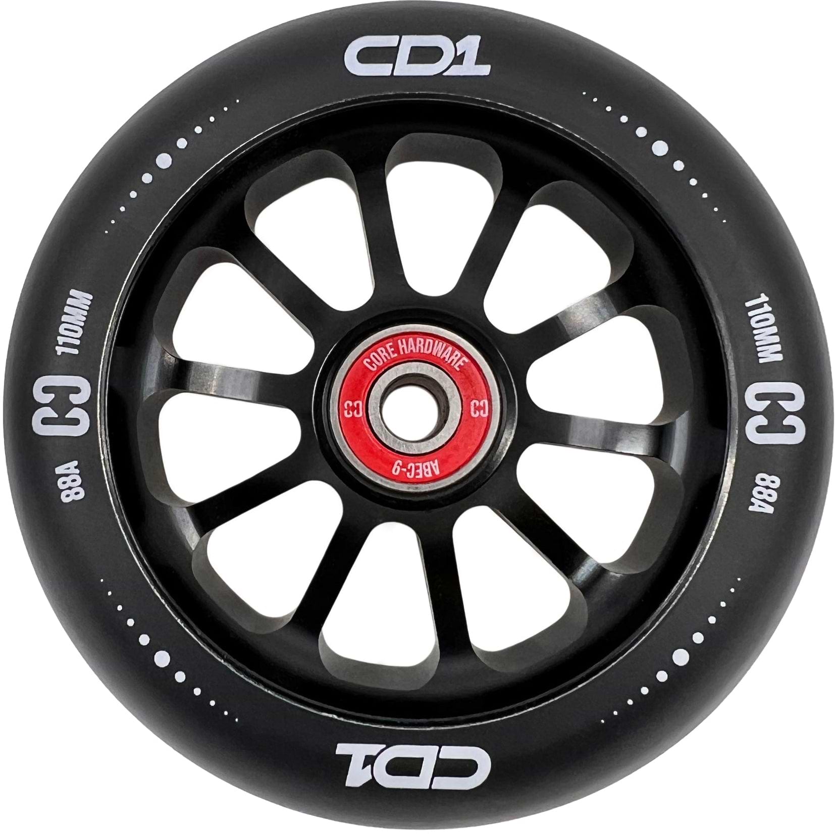 The CORE CD1 110mm Stunt Scooter Wheel - Black features a black and silver finish, red core, white "CD1" and "CORE HARDWARE" text, and multiple spokes—an eye-catching design from CORE.