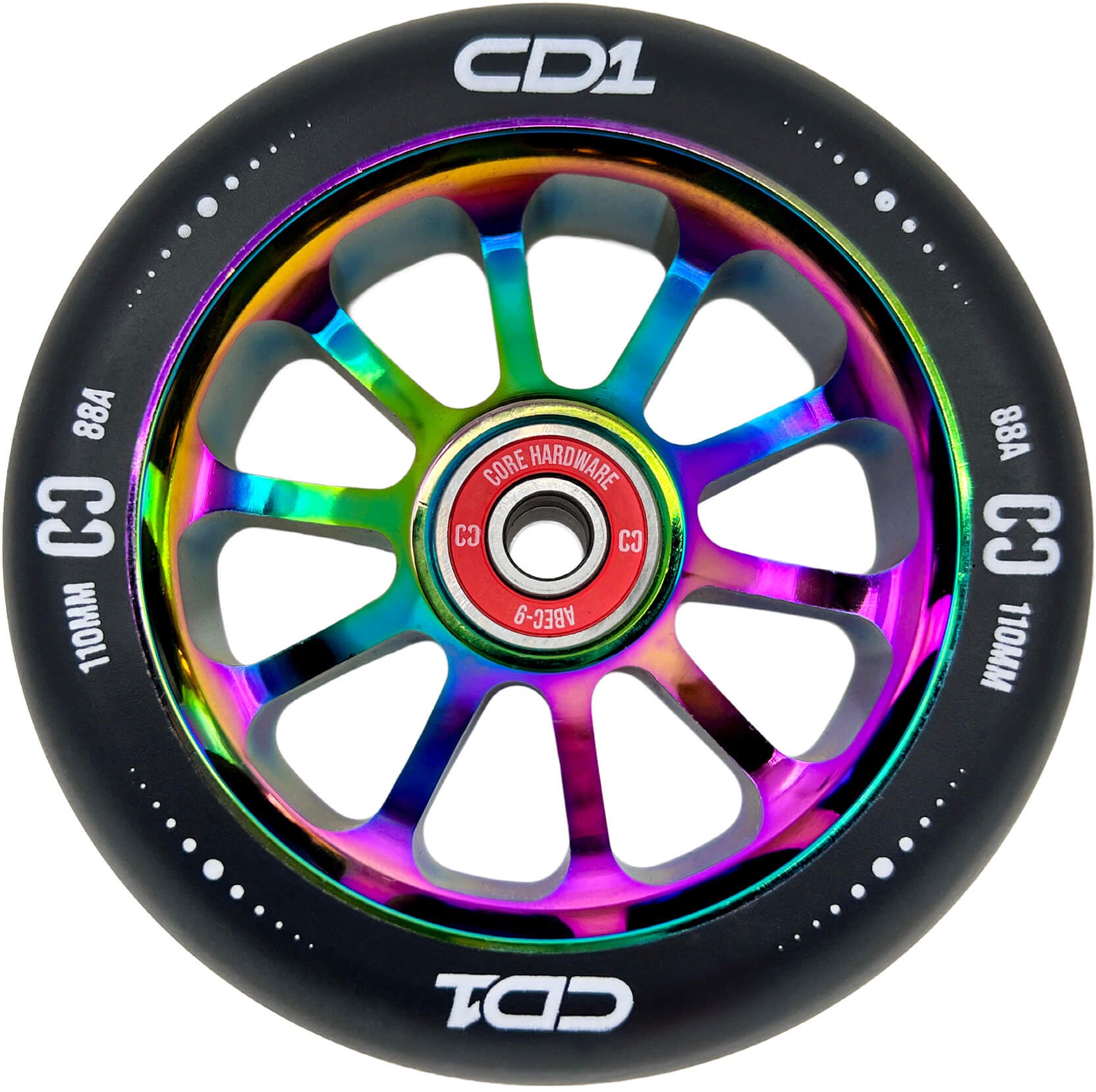 A close-up of the CORE CD1 110mm Stunt Scooter Wheel in Black/Neochrome with black rubber, bold white rim text, and a red "CORE HARDWARE" bearing at the center.