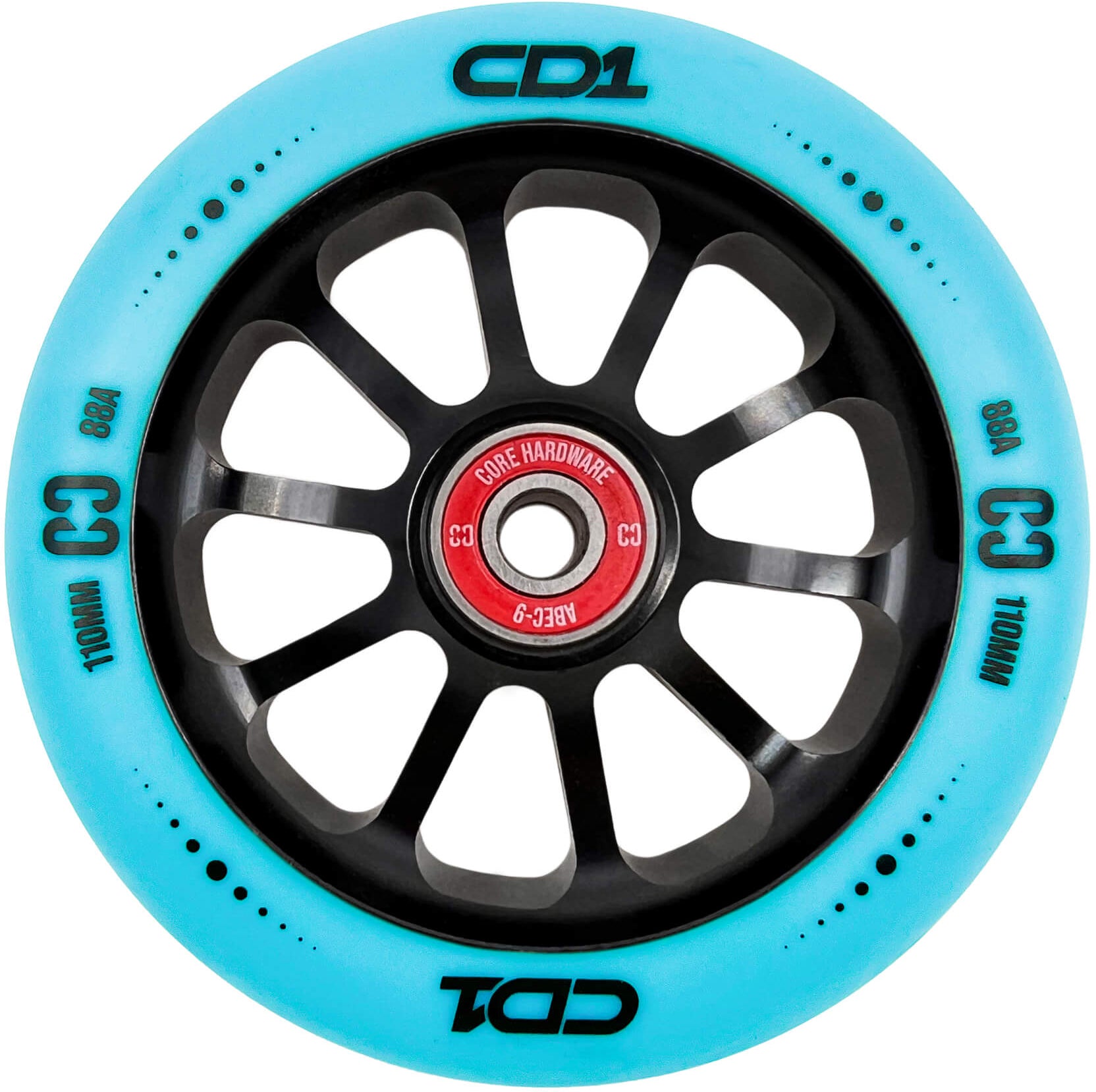 A close-up of the CORE CD1 110mm Stunt Scooter Wheel by CORE, featuring a blue outer tire, black core with "88A" hardness, and a red Core Hardware ABEC-9 bearing.