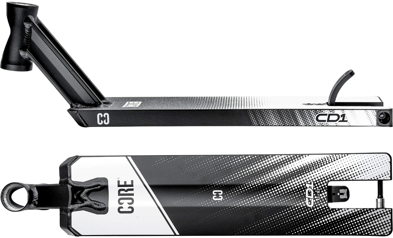 Two views of the CORE CD1 Black / White Stunt Scooter Deck (4.5″ x 18.5″) by CORE, shown from the side and the bottom, featuring a geometric pattern and visible branding. This lightweight aluminium deck is ideal for beginner riders seeking both durability and style.