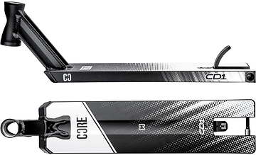 Two views of the CORE CD1 Black / White Stunt Scooter Deck (4.5″ x 18.5″) by CORE, shown from the side and the bottom, featuring a geometric pattern and visible branding. This lightweight aluminium deck is ideal for beginner riders seeking both durability and style.