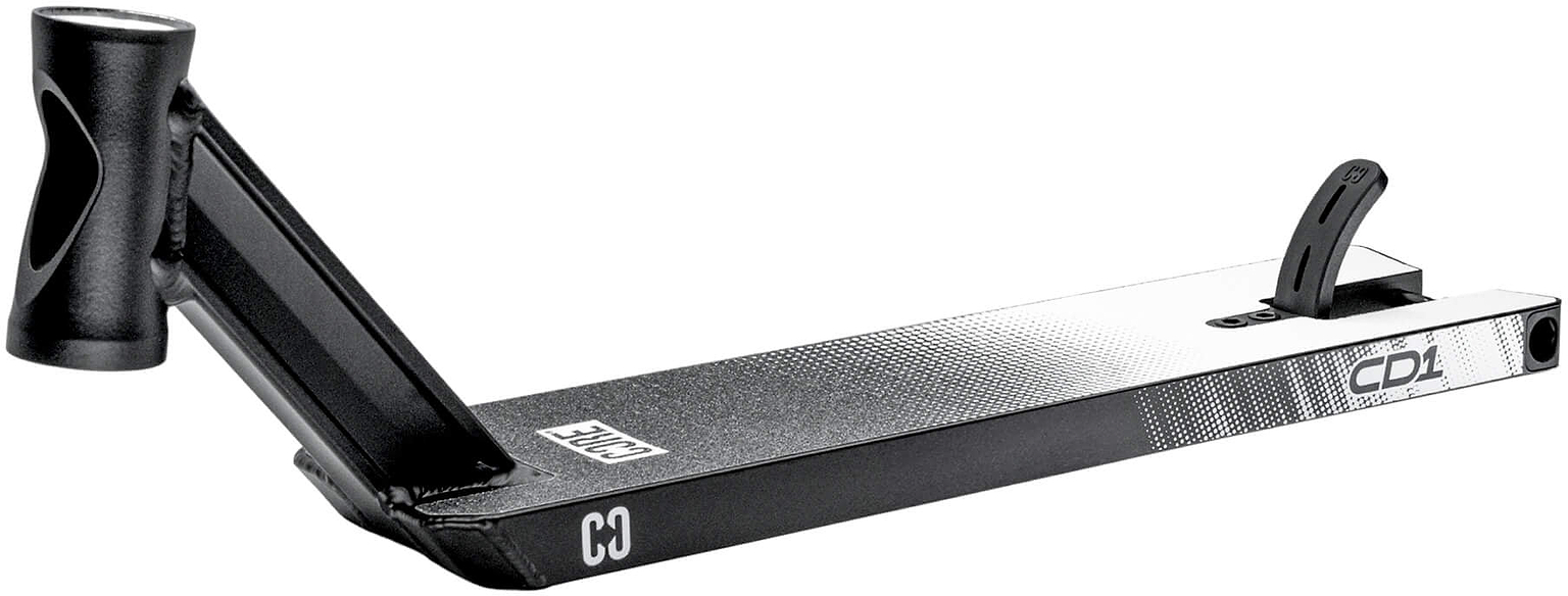 Presenting the CORE CD1 Black / White Stunt Scooter Deck – 4.5″ x 18.5″: This lightweight aluminium deck from CORE features a striking black and white colorway, metal brake, angled headtube, and subtle CORE branding. Its minimalist design includes a textured surface for superior grip, making it ideal for stunt riding.