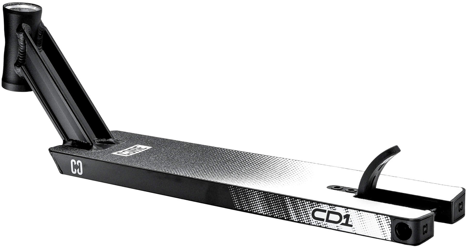 The CORE CD1 Black / White Stunt Scooter Deck - 4.5″ x 18.5″ by CORE features a striking black and white gradient design, an angled neck for handlebars, and integrated wheel mounts at the end. Made from lightweight aluminium, this beginner scooter deck is finished with “CD1” and “CORE” branding on its sides.