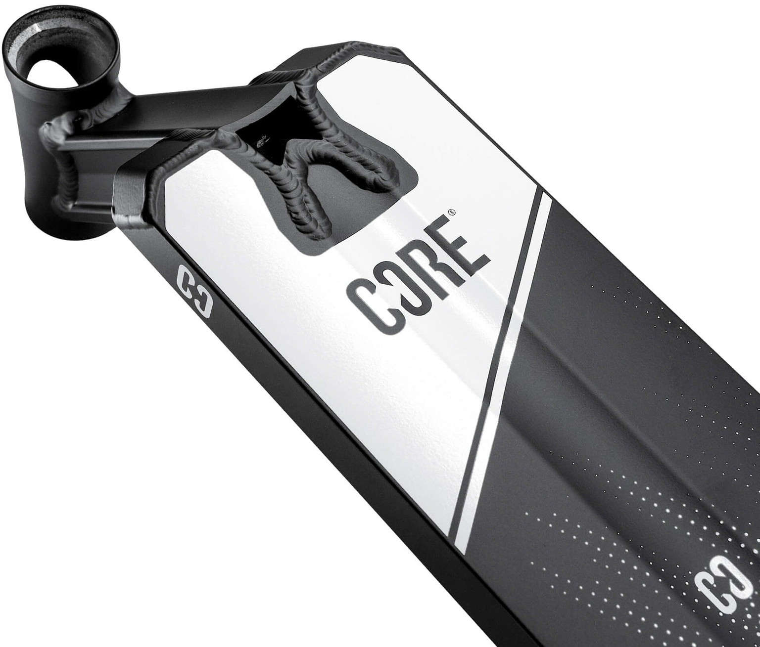 Close-up of the CORE CD1 Black / White Stunt Scooter Deck (4.5″ x 18.5″) by CORE, showcasing the welded neck, mounting area, and distinctive graphic design featuring the CORE logo. Constructed from lightweight aluminium, this deck combines durability and style, making it an excellent choice for beginner riders.