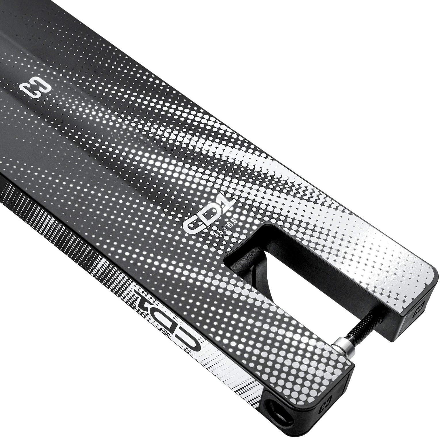 Close-up of the CORE CD1 Black / White Stunt Scooter Deck – 4.5″ x 18.5″, a lightweight aluminium deck by CORE featuring a black and white dotted gradient pattern, “CD1” lettering, and an open slot at the end for wheel attachment.
