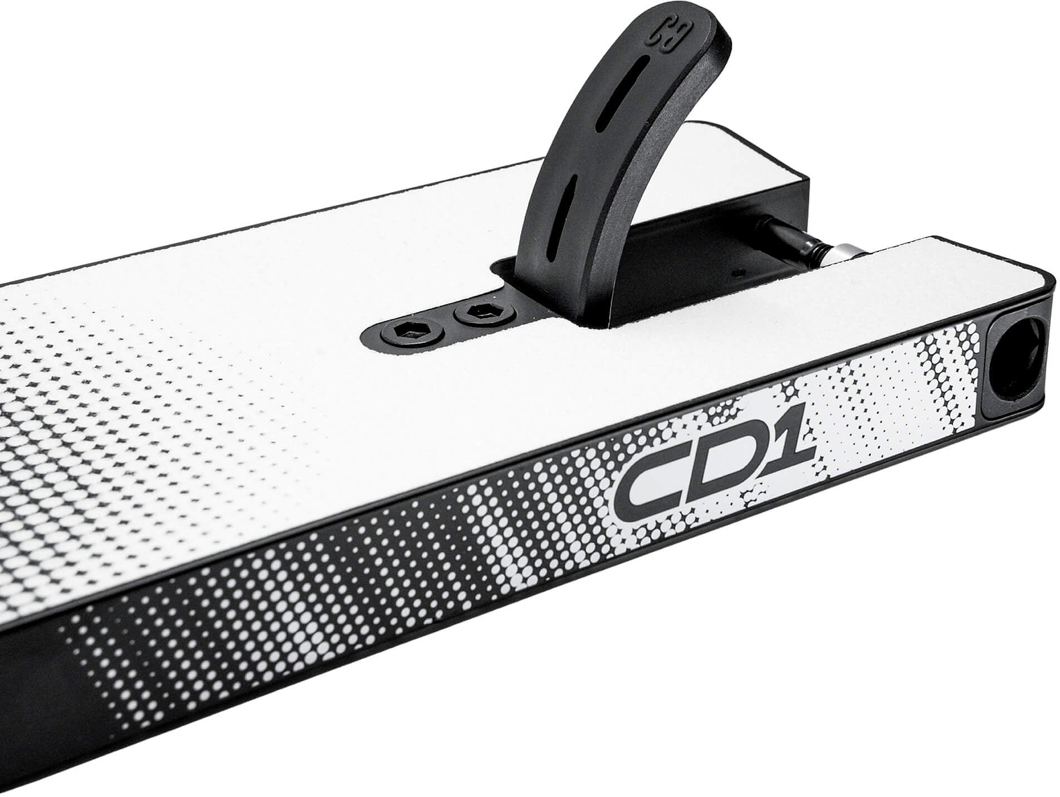 Close-up of the CORE CD1 Black / White Stunt Scooter Deck, a lightweight aluminium deck measuring 4.5″ x 18.5″, featuring a black and white dotted pattern, a brake, and “CD1” printed on the side.