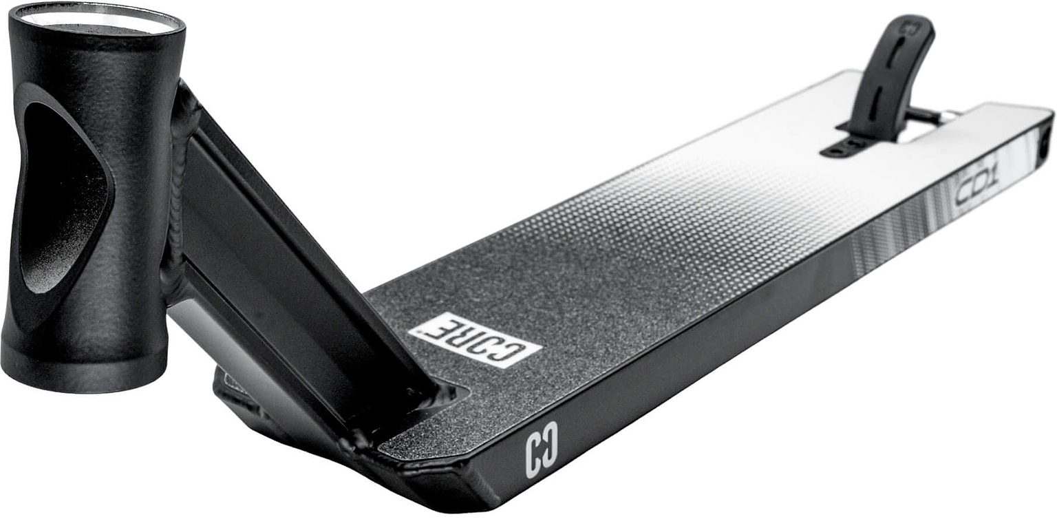 A close-up of the CORE CD1 Black / White Stunt Scooter Deck (4.5″ x 18.5″), showcasing its lightweight aluminium construction in black and silver, complete with a sturdy head tube and brake. The deck features a textured surface for grip and displays the CORE branded logo, viewed from an angle that accentuates its solid structure.