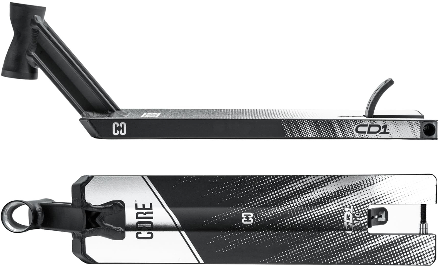 The CORE CD1 Black / Chrome Stunt Scooter Deck – 4.5″ x 19″, displayed in side and bottom views, features striking gradient graphics, signature CORE branding, and a rear foot brake. Constructed from lightweight aluminium for durability, this deck is ideal for beginners or riders eager to perfect new tricks while enjoying stylish performance.