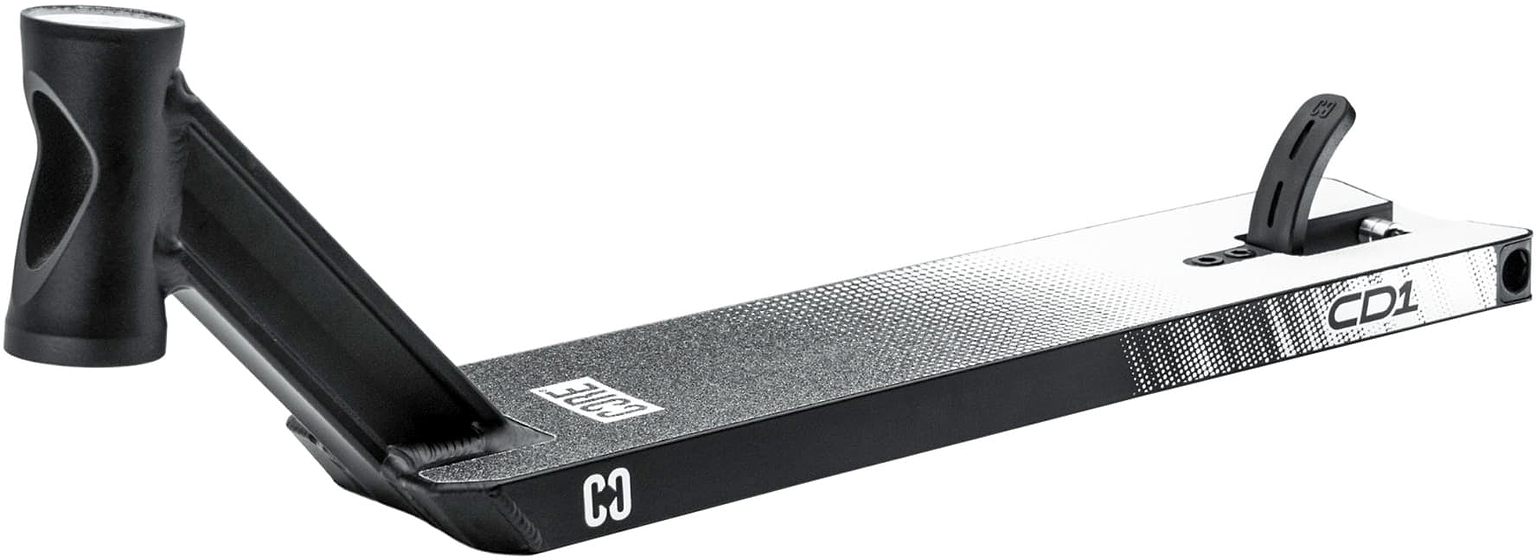 The CORE CD1 Black / Chrome Stunt Scooter Deck - 4.5″ x 19″ is a lightweight aluminium deck featuring a striking black and chrome color scheme, a textured surface for extra grip, an angular design, and an integrated rear brake. The scooter deck prominently displays the CORE brand logo and the model code “CD1” on both its side and top.