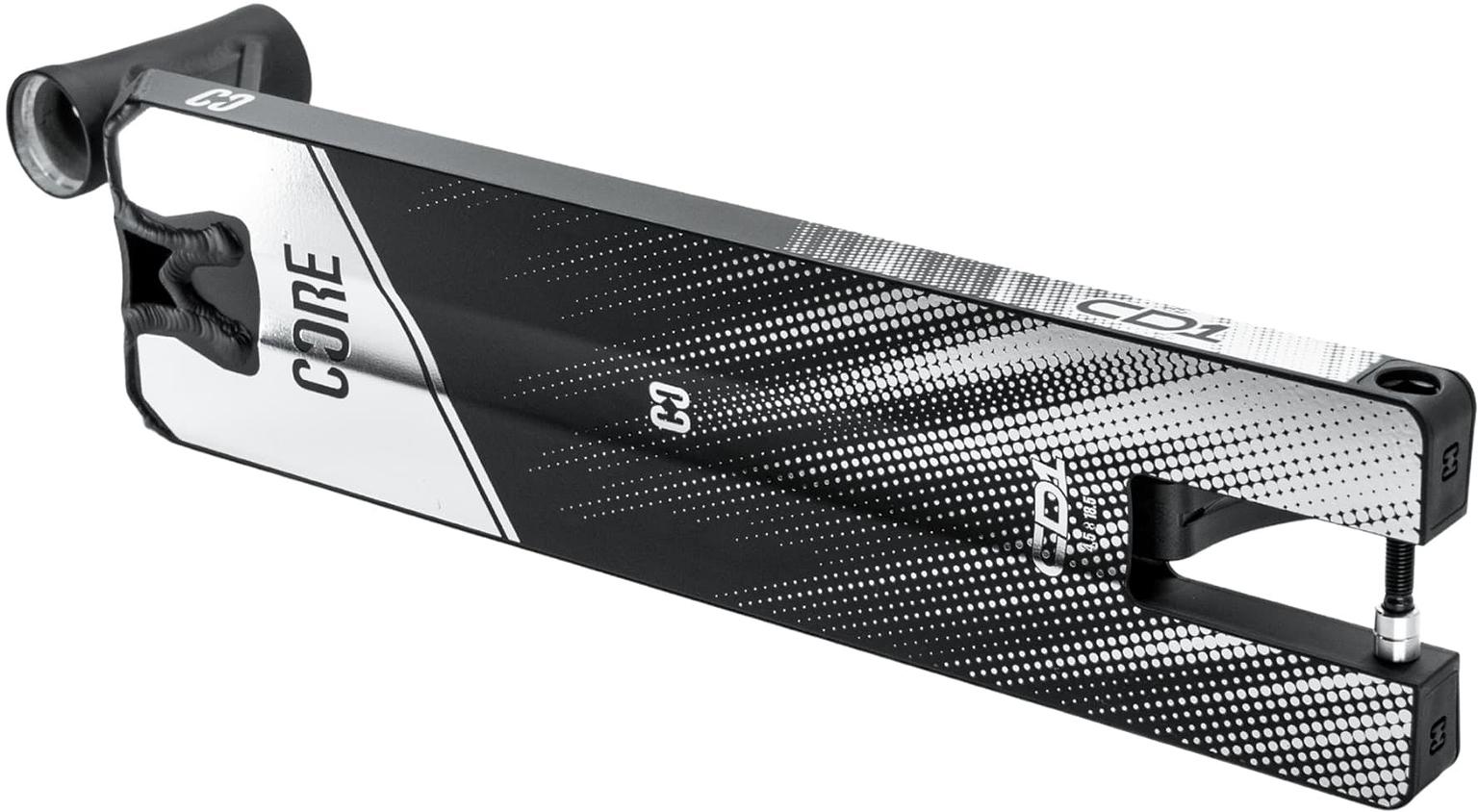 The CORE CD1 Black / Chrome Stunt Scooter Deck - 4.5″ x 19″ by CORE features a lightweight aluminium construction with stylish black and chrome textured graphics, angled cutouts, and exposed brake and axle hardware at the rear—ideal for beginners or riders looking to step up their stunt scooter skills.