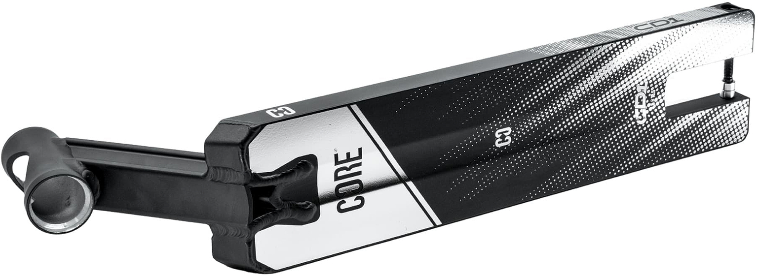 The CORE CD1 Black / Chrome Stunt Scooter Deck (4.5″ x 19″) by CORE features a striking black and chrome finish, bold branding, angular edges, and geometric side patterns. Crafted from lightweight aluminium, it is displayed against a white background.