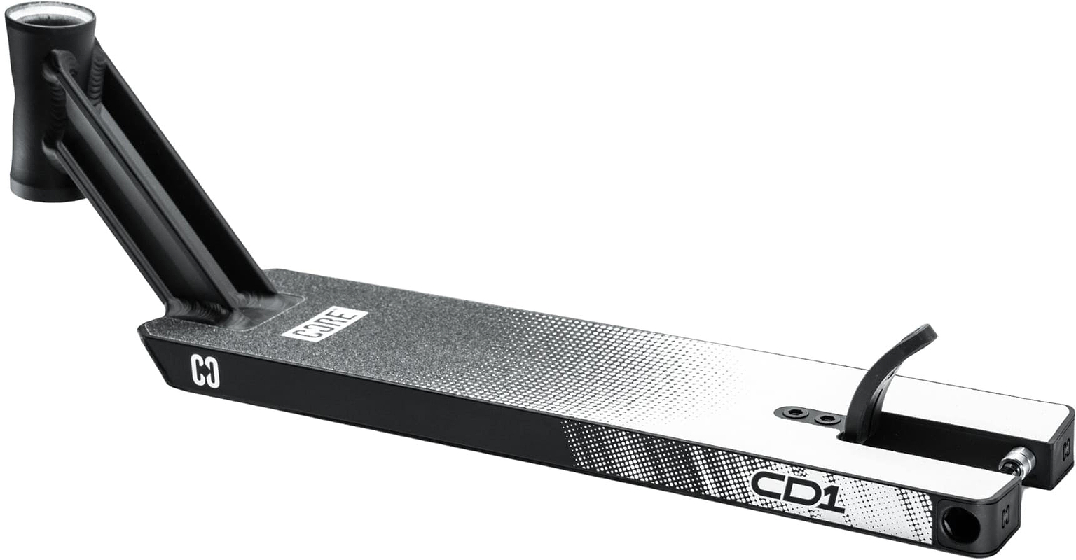 The CORE CD1 Black / Chrome Stunt Scooter Deck - 4.5″ x 19″ features a black and white design with a textured foot surface, an angled neck, and a rear metal brake. Made from lightweight aluminium, this durable deck displays the “CORE” and “CD1” logos on the side, making it ideal for both beginners and riders seeking reliable performance.