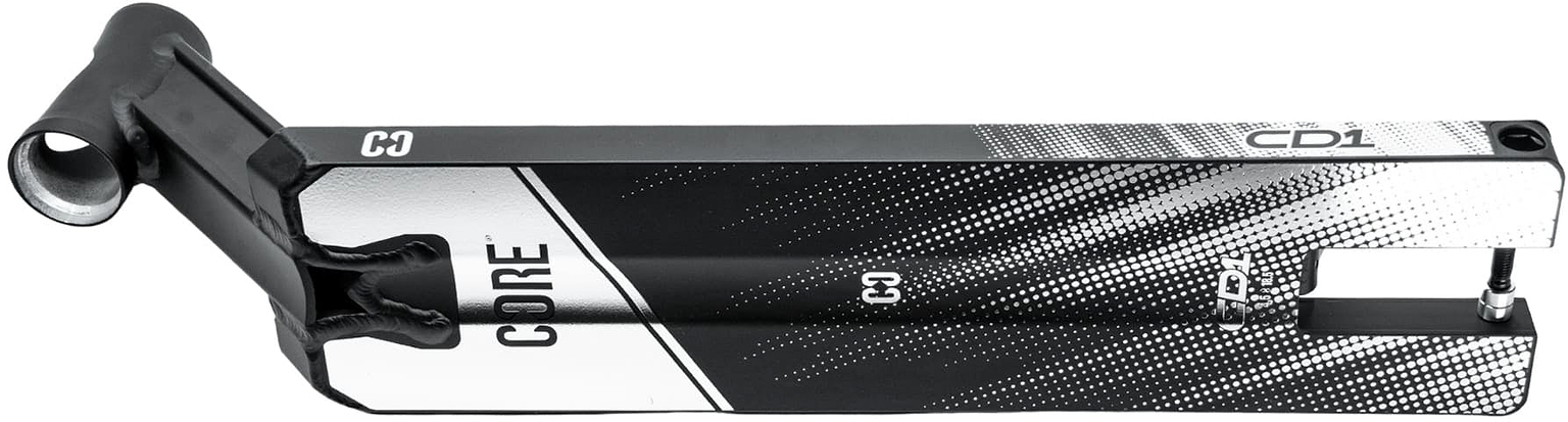 The CORE CD1 Black / Chrome Stunt Scooter Deck (4.5″ x 19″) features an angular design with the signature CORE logo and a rear brake. Constructed from lightweight aluminium, this deck showcases a mix of matte and glossy finishes, making it an ideal, stylish, and durable choice for beginners looking for their first stunt scooter deck.