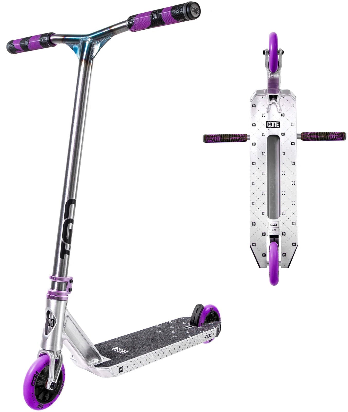 A silver (Raw) stunt scooter with purple wheels and handlebar grips from CORE, shown from side and top views. The deck has a black grip surface with a silver design, featuring the word “CORE” on both the front and deck. The CORE CG1 Complete Stunt Scooter - Raw / Purple is ideal for kids learning tricks or beginners seeking style and performance.