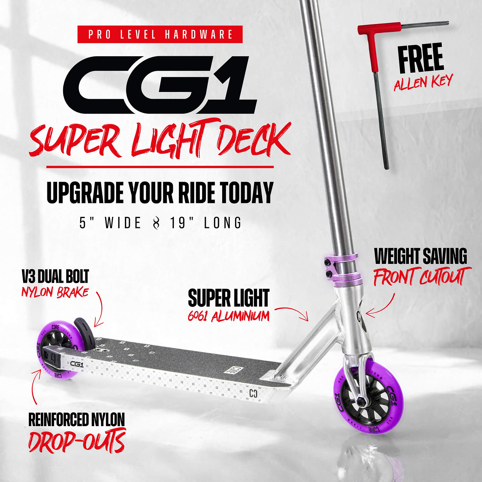 The CORE CG1 Complete Stunt Scooter - Raw / Purple by CORE features a super light 6061 aluminum deck, reinforced nylon drop-outs, a V3 dual bolt nylon brake, and a weight-saving front cutout—making it an ideal stunt scooter for beginners—and comes complete with a free Allen key.
