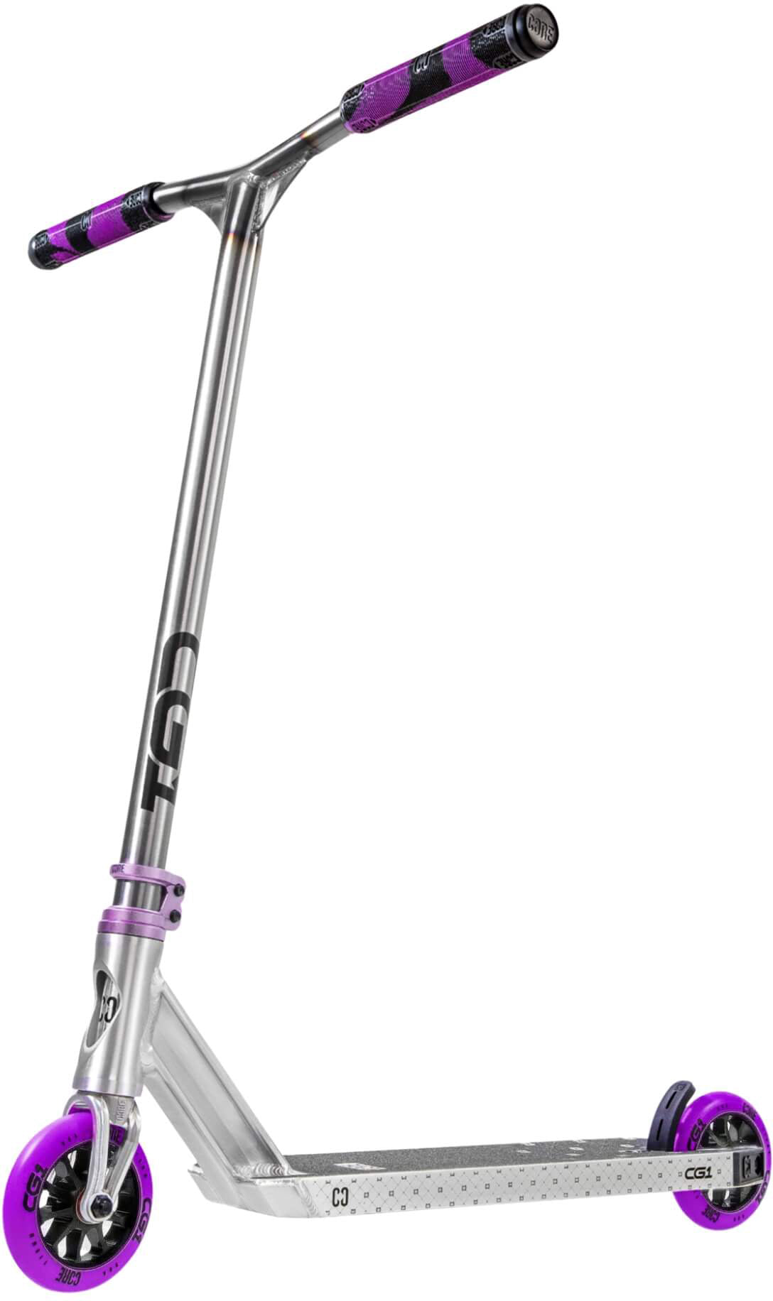 The CORE CG1 Complete Stunt Scooter - Raw / Purple by CORE features purple and black handle grips and vibrant purple wheels, shown upright against a white background—making it an ideal choice for beginners or anyone seeking a stylish kids trick scooter.