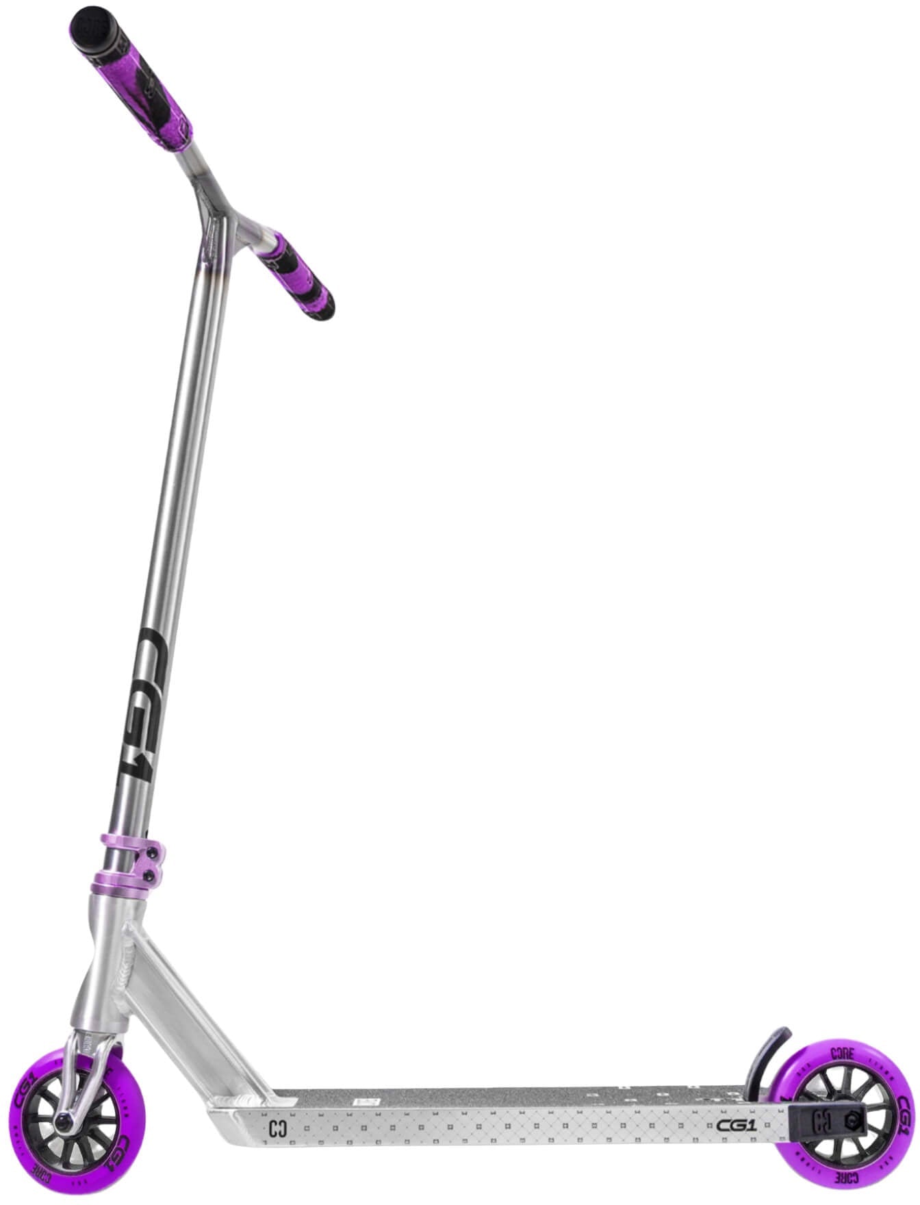 The CORE CG1 Complete Stunt Scooter - Raw / Purple by CORE features a sleek silver finish with striking purple grips and wheels, complemented by black handlebar accents and a textured deck—making it an ideal kids trick scooter or stunt scooter for beginners.
