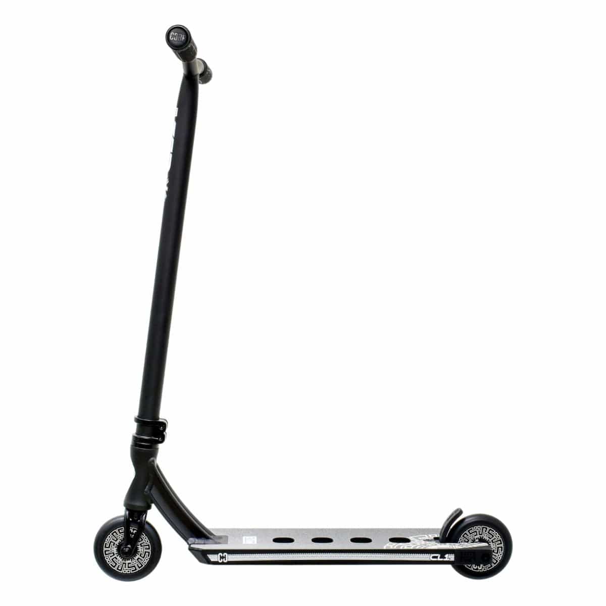 The CORE CL1 Complete Stunt Scooter - Black, by CORE, is designed with high-quality aftermarket components such as a durable metal deck, two compact wheels, and a straight handlebar optimized for performing tricks.