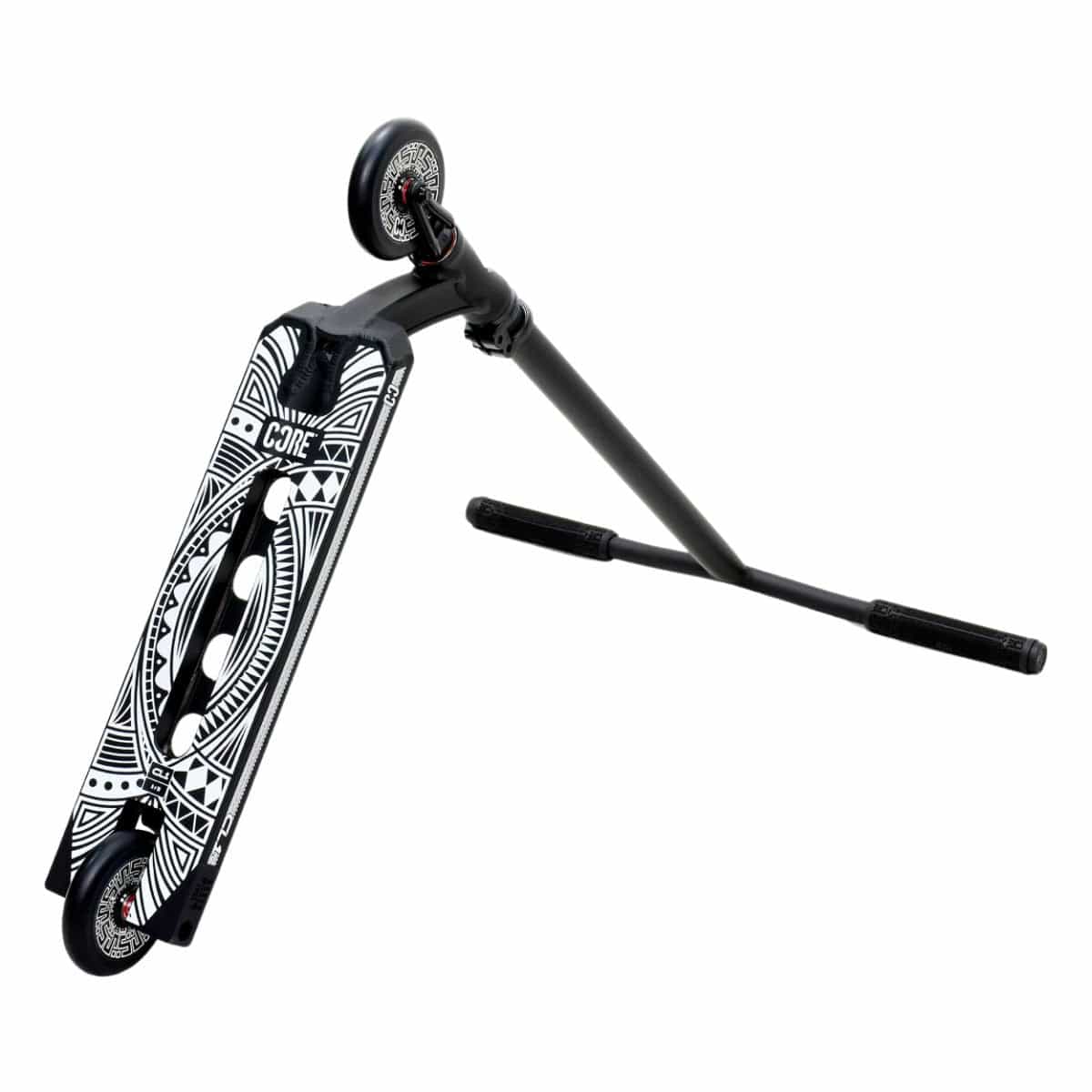 The CORE CL1 Complete Stunt Scooter by CORE features a striking black tribal design on the deck, enhanced by high-quality aftermarket components. Equipped with two smaller wheels and a T-bar handle with grips, it is expertly designed for performing tricks and showcasing style at impressive angles.