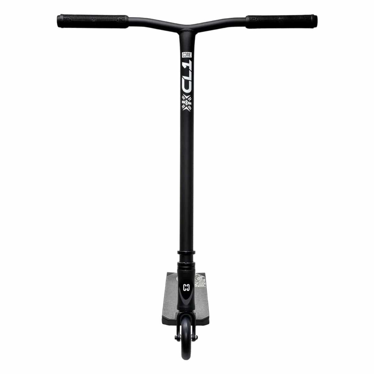 The black CORE CL1 Complete Stunt Scooter by CORE includes a T-shaped handlebar and two wheels. It features a textured deck for added grip, with the "CZ" logo displayed at the front. Crafted with premium aftermarket components, this scooter is presented against a simple white background.