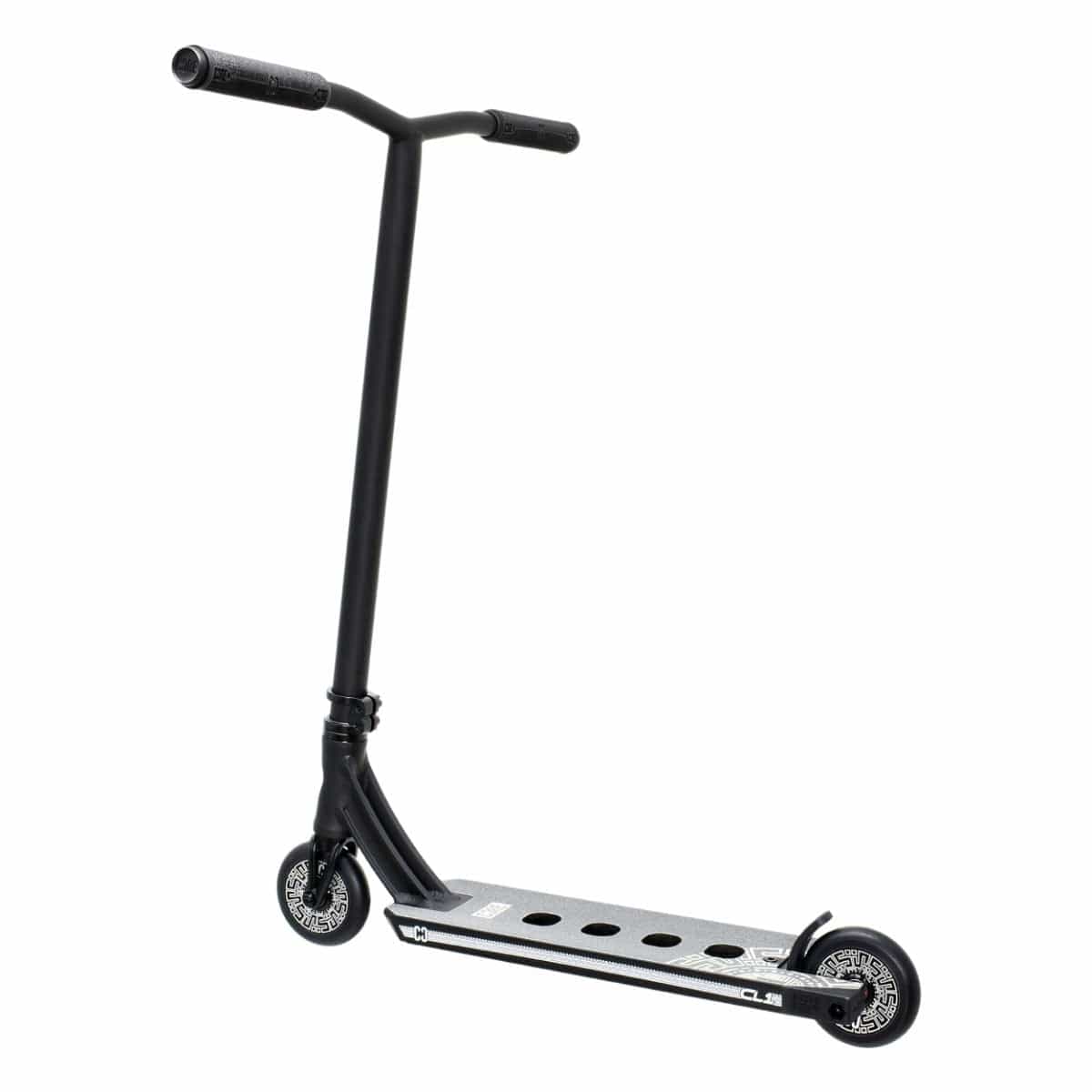 The CORE CL1 Complete Stunt Scooter - Black by CORE features a stylish black design with premium aftermarket components. Its straight handlebar and the deck's circular cutouts contribute to its aerodynamic appearance, while the wheels showcase detailed rim patterns.