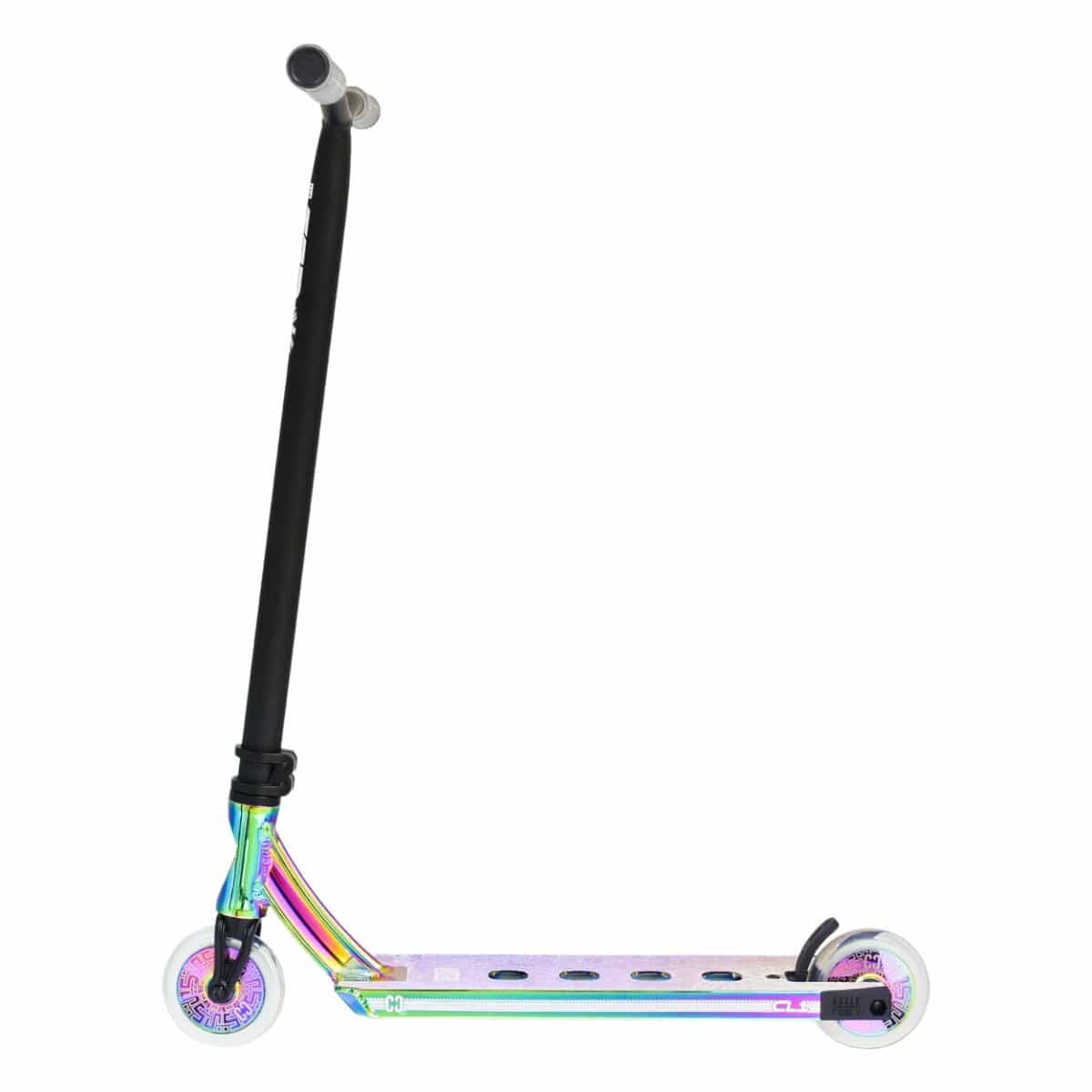 The CORE CL1 Complete Stunt Scooter by CORE features a striking neochrome finish with premium aftermarket components, a black handlebar, and clear wheels, showcased in profile against a white background.