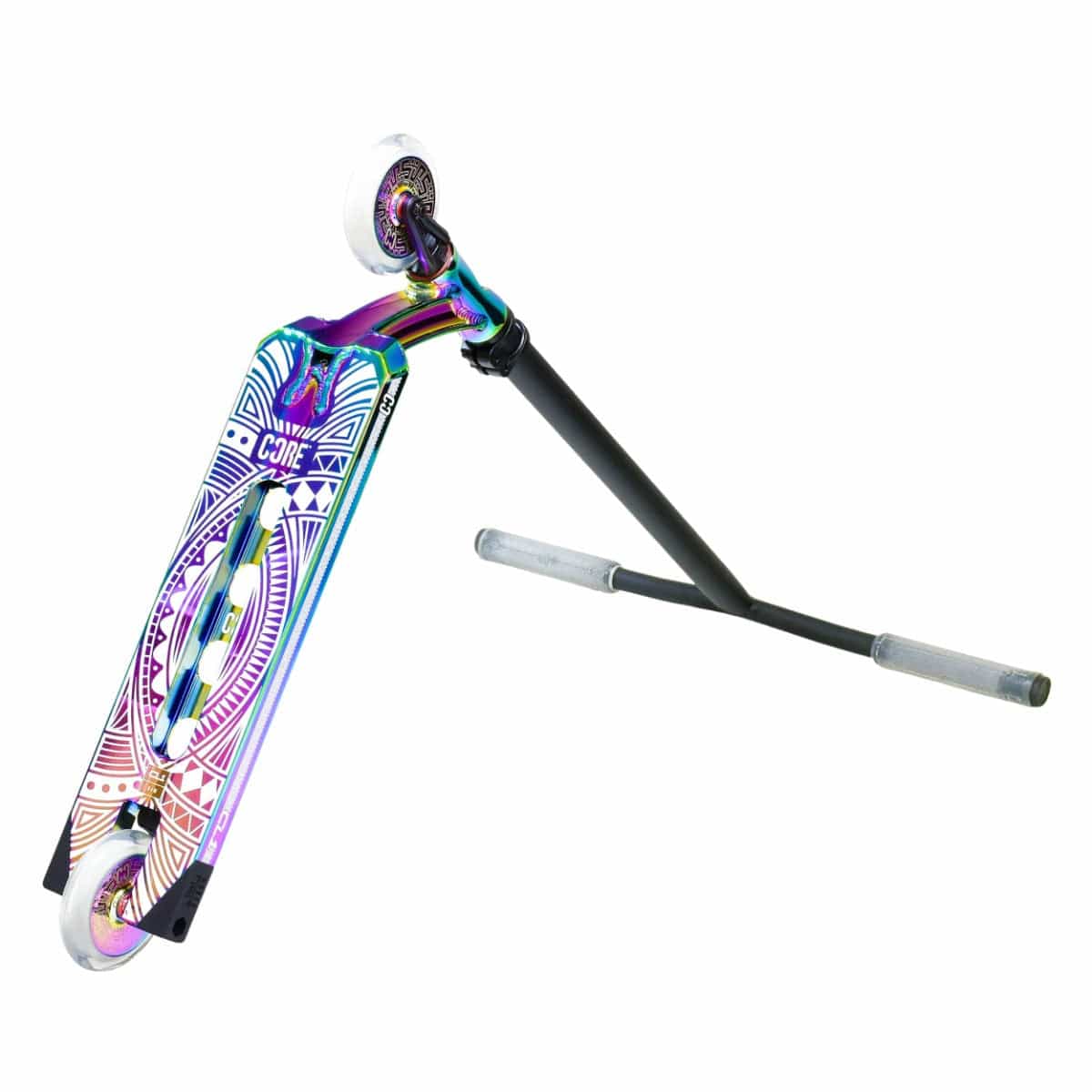 The CORE CL1 Complete Stunt Scooter by CORE showcases a vibrant, abstract design on its deck. Equipped with two wheels and handlebars featuring clear grips, its frame boasts iridescent hues accented by premium aftermarket parts, resulting in a stylish and durable multicolored appearance.