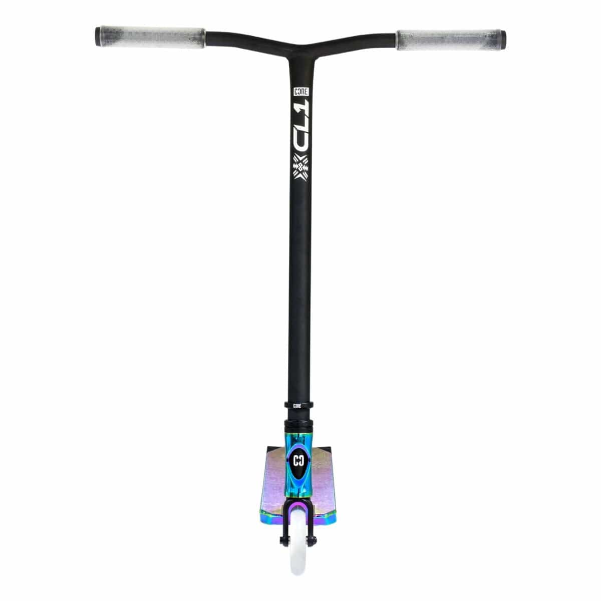 The CORE CL1 Complete Stunt Scooter by CORE showcases a sleek black T-bar handle, transparent grips, and a vibrant neochrome deck. It features a white front wheel and prominently displays the brand logo, crafted with premium aftermarket parts for enhanced performance. Nylon box ends add durability to this eye-catching ride.