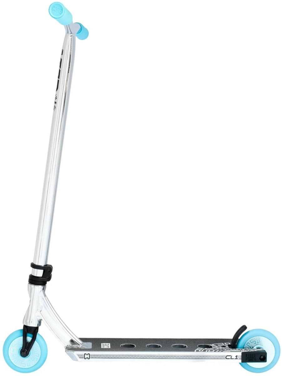 The CORE CL1 Complete Stunt Scooter by CORE boasts a chic chrome design with a black deck, accented by teal wheels and grips. Outfitted with CORE CL1 handlebars, this scooter is perfect for leisure rides or executing tricks, providing a contemporary style and the flexibility to upgrade with premium aftermarket parts.
