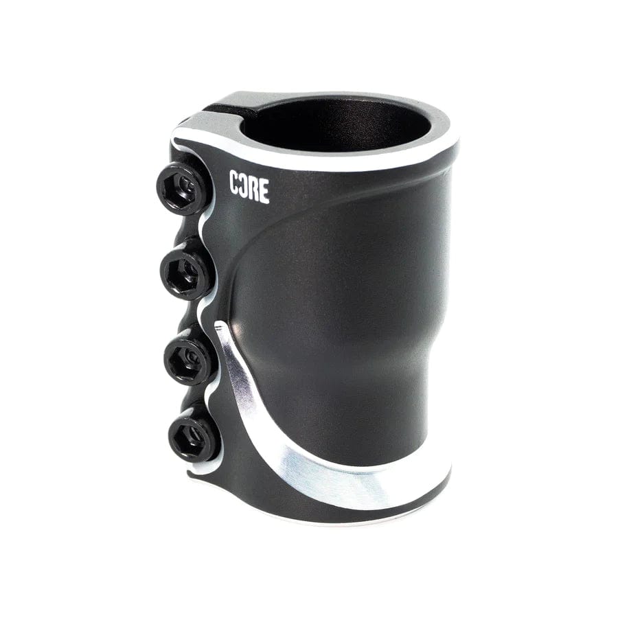 Introducing the CORE Cobra 4 Bolt Oversized SCS Stunt Scooter Clamp in Black, a sleek and stylish clamp made from Cold Forged Aluminium 6061. This lightweight accessory boasts four sturdy side bolts and features the "CORE" logo elegantly printed near the top, ensuring both strength and sophistication.