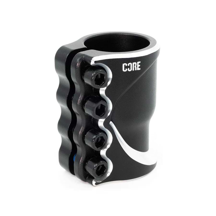 The CORE Cobra 4 Bolt Oversized SCS Stunt Scooter Clamp in black is depicted close-up, showcasing four bolts and a wavy design on the side. Crafted from Cold Forged Aluminium 6061, this lightweight clamp boasts a sleek, curved pattern with "CORE" printed in white.