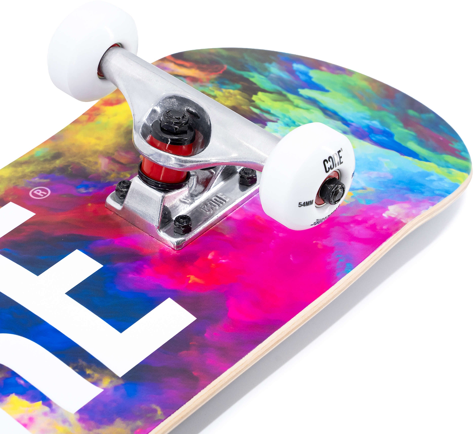 CORE C1 Neon Galaxy Complete Skateboard - 7.75″ x 31″ featuring a deck with a colorful nebula graphic, metal trucks, and white wheels.
