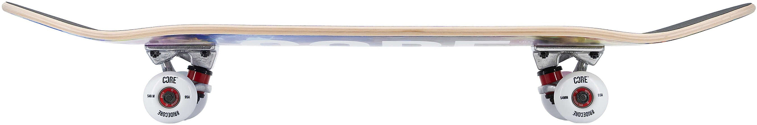 A CORE C1 Neon Galaxy Complete Skateboard featuring a galaxy-themed underside and white wheels with red accents.