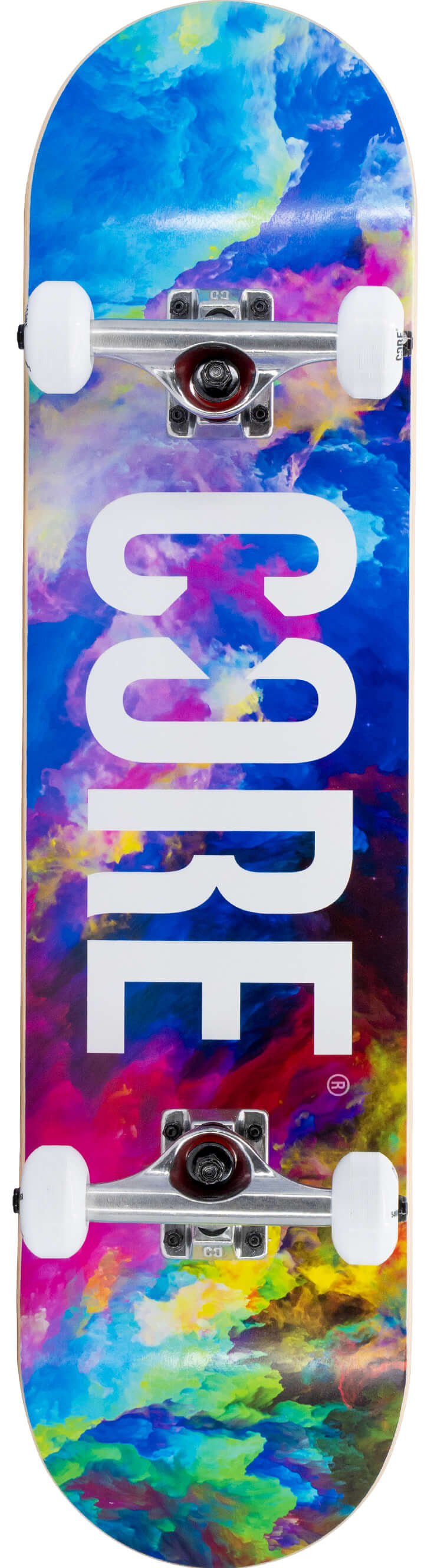 CORE C1 Neon Galaxy Complete Skateboard featuring a vibrant nebula-patterned maple deck with white lettering, silver trucks, and white wheels.