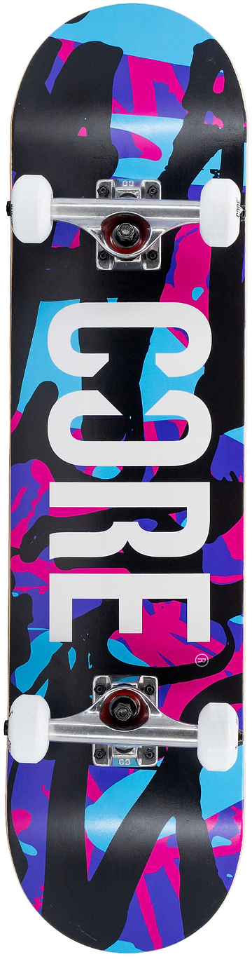 CORE C1 Neon Splat Complete Skateboard - 7.75″ x 31″ featuring a black, blue, and neon pink splattered pattern with large white lettering down the center of the deck.