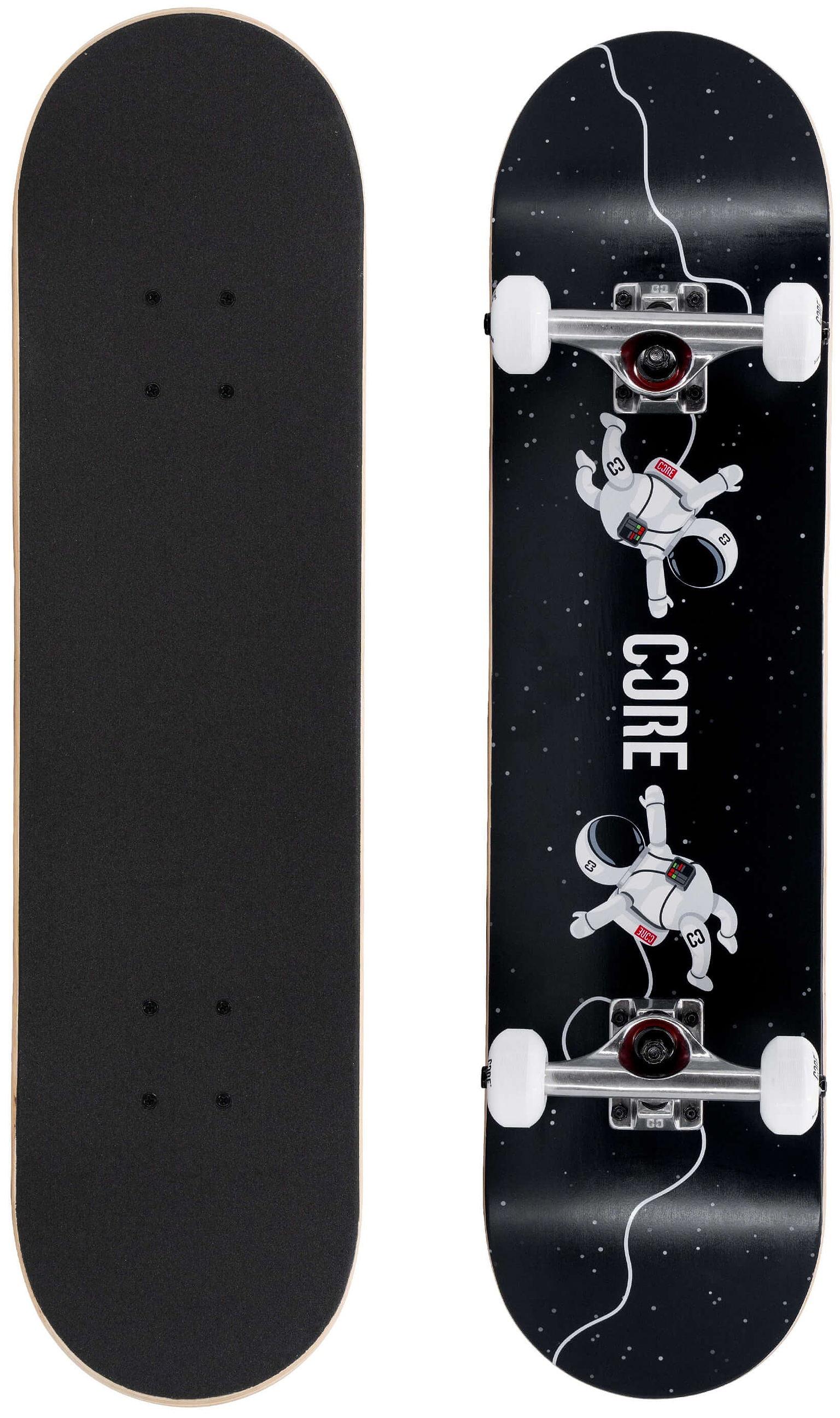 Top and bottom view of a CORE C1 Spaceman Complete Skateboard - 7.75″ x 31″, featuring a black underside with a space-themed graphic of two astronauts and a white line illustration against a starry background.
