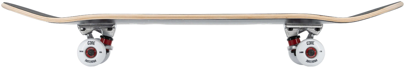 A side view of a CORE C1 Spaceman Complete Skateboard - 7.75″ x 31″, featuring a black deck, silver trucks, and white wheels with red hardware.