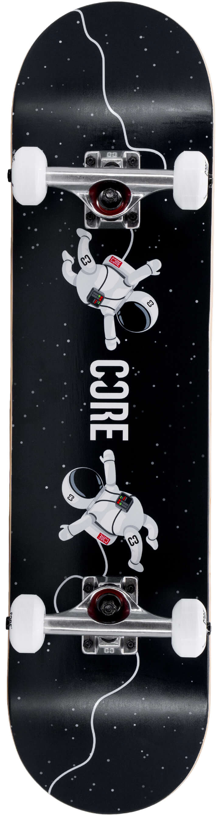 CORE C1 Spaceman Complete Skateboard - 7.75″ x 31″ with a black deck featuring a space-themed graphic of two floating astronauts connected by a tether, white wheels, and silver trucks.