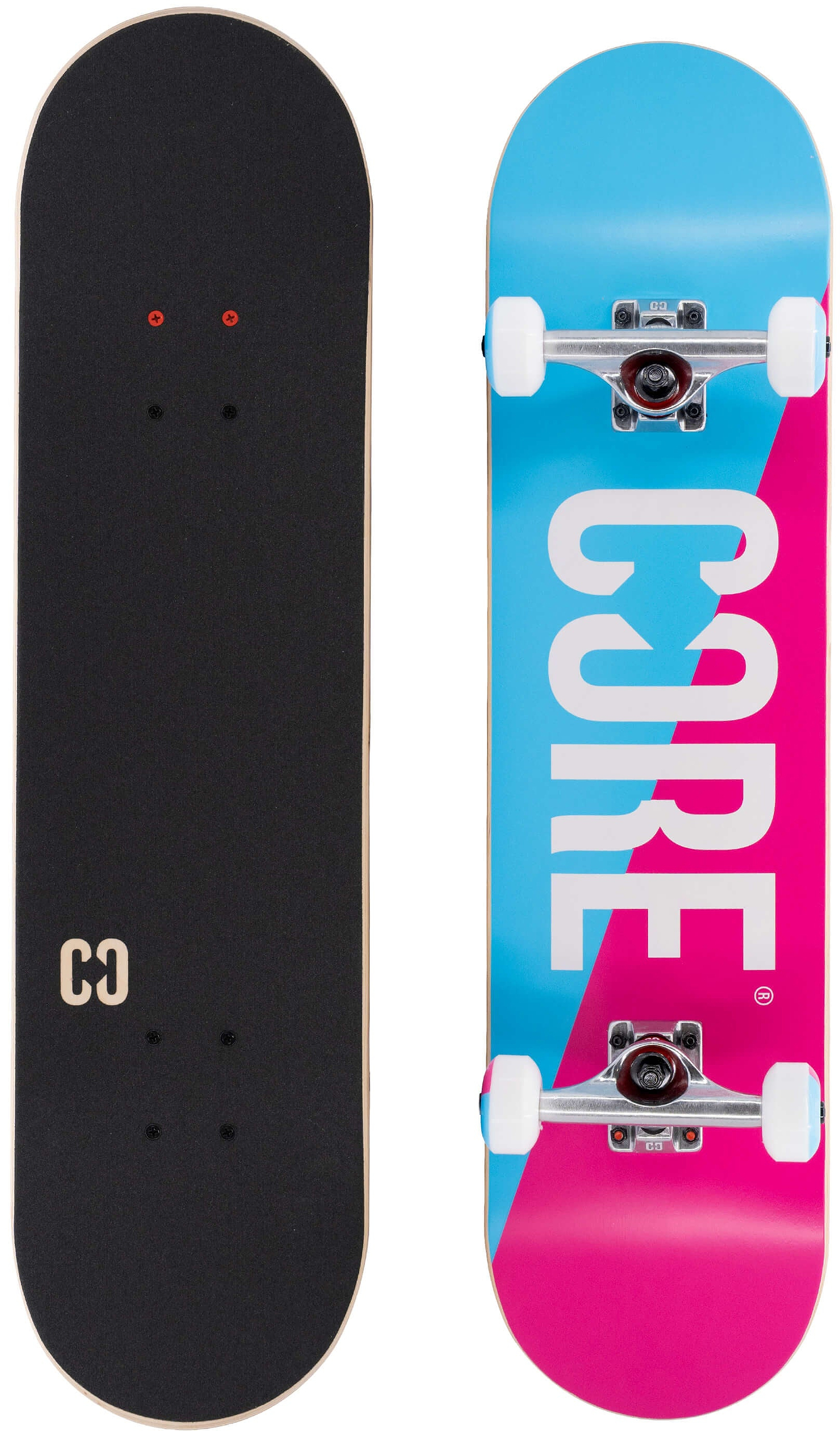 Top and bottom views of a CORE C2 Pink / Blue Split Complete Skateboard - 7.75″ x 31″, featuring a black grip-taped maple deck on the left and a pink and blue split-color deck with white wheels and silver trucks on the right.