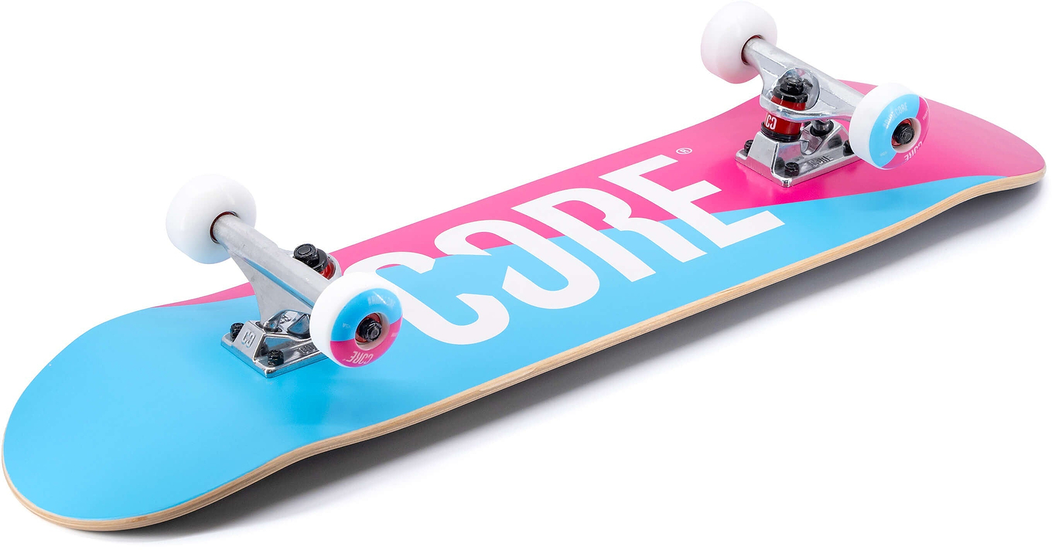 A CORE C2 Pink / Blue Split Complete Skateboard 7.75″ x 31″ featuring a split pink and blue maple deck with large white lettering, white wheels, and metal trucks.