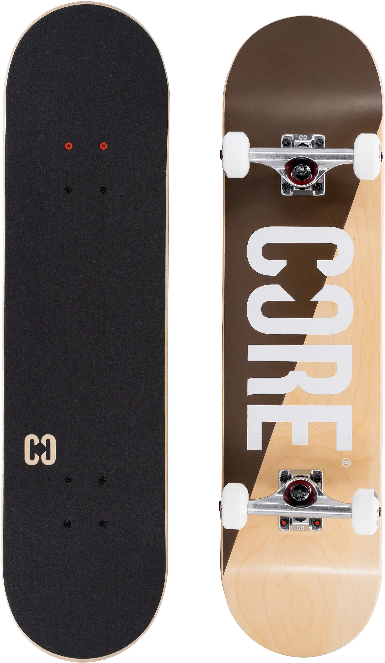 CORE C2 Raw Split Complete Skateboard - 7.75″ x 31″ shown from the top with black grip tape and from the bottom with a two-tone brown and natural maple wood design featuring white wheels and silver trucks.