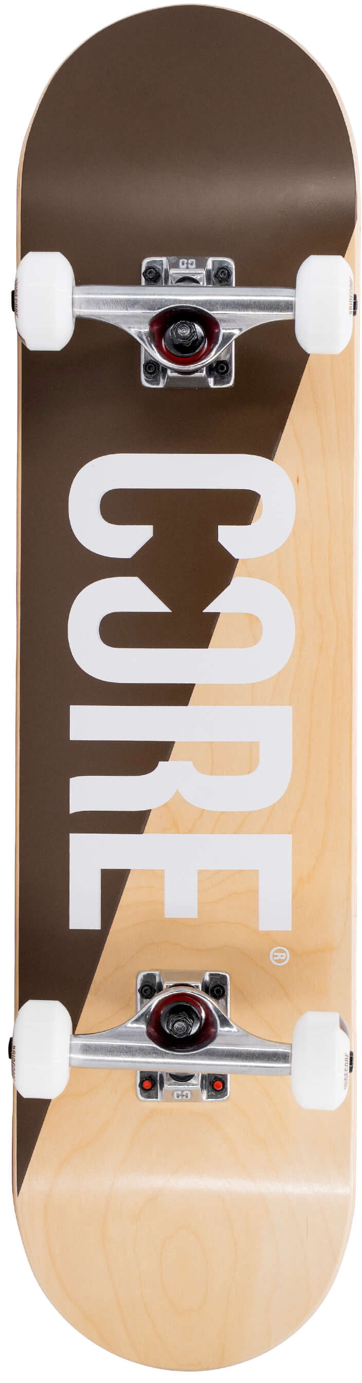 CORE C2 Raw Split Complete Skateboard 7.75″ x 31″ featuring a two-tone brown and natural maple deck, white wheels, and silver trucks.