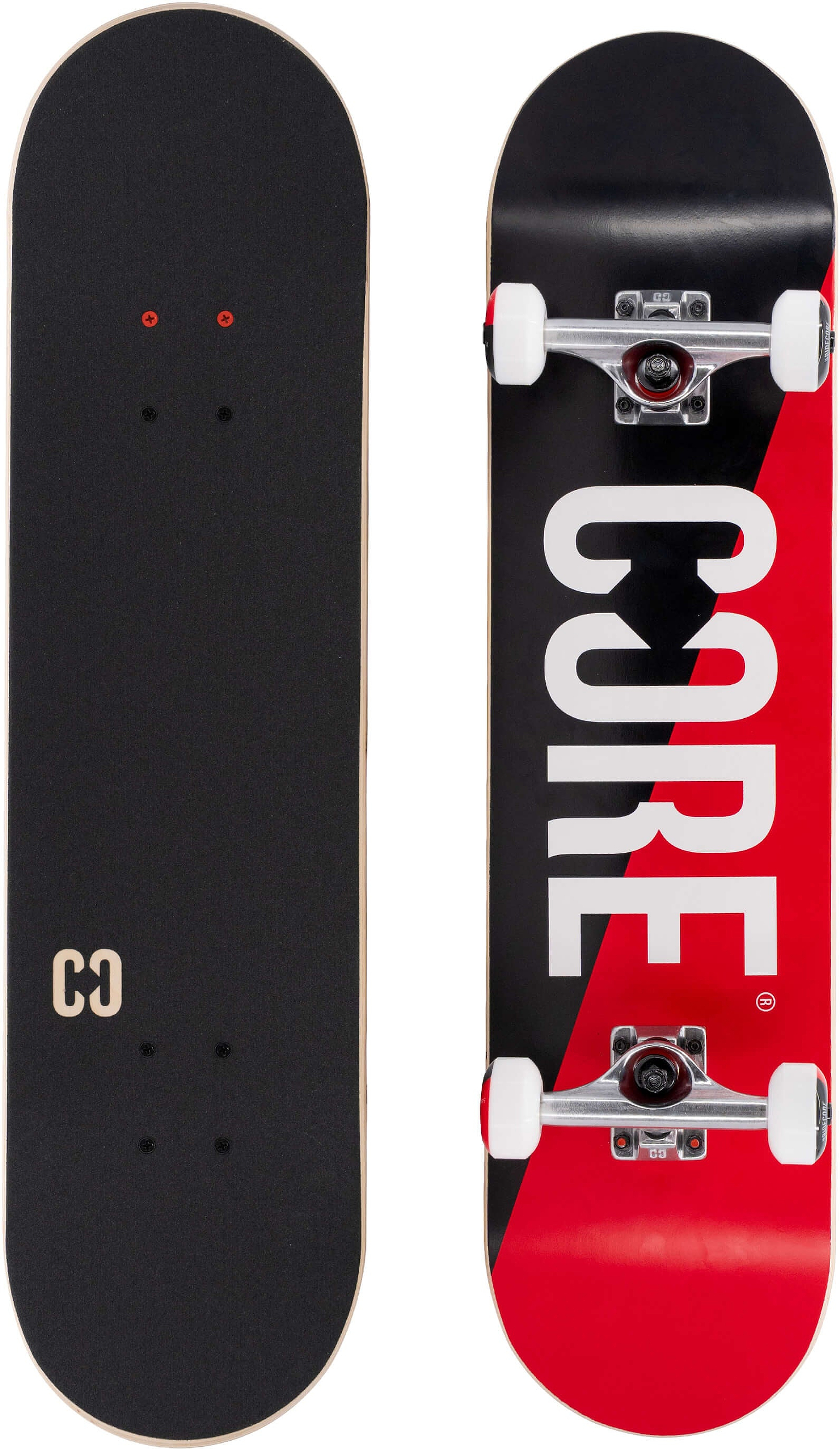 Top view of a CORE C2 Red / Black Split Complete Skateboard - 7.75″ x 31″ with black grip tape, and a bottom view featuring a diagonal red and black split design with large white text.