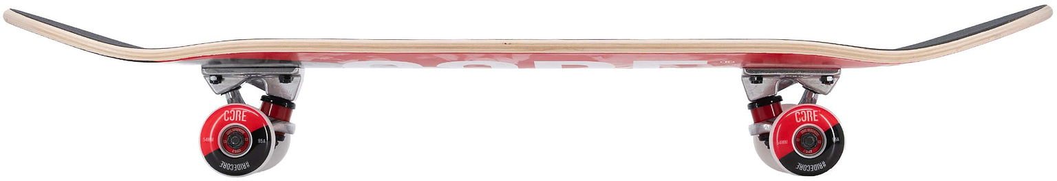 Side view of a CORE C2 Red / Black Split Complete Skateboard 7.75″ x 31″ with a red deck and black and white wheels.