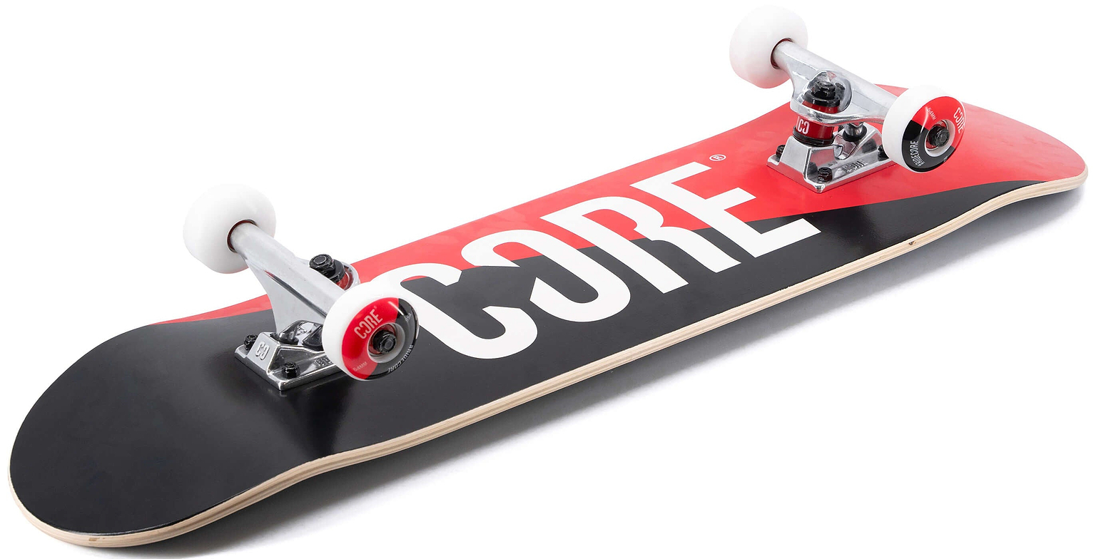 A CORE C2 Red / Black Split Complete Skateboard 7.75″ x 31″ with a split red and black maple deck, featuring a white logo across the center, silver trucks, and white wheels.
