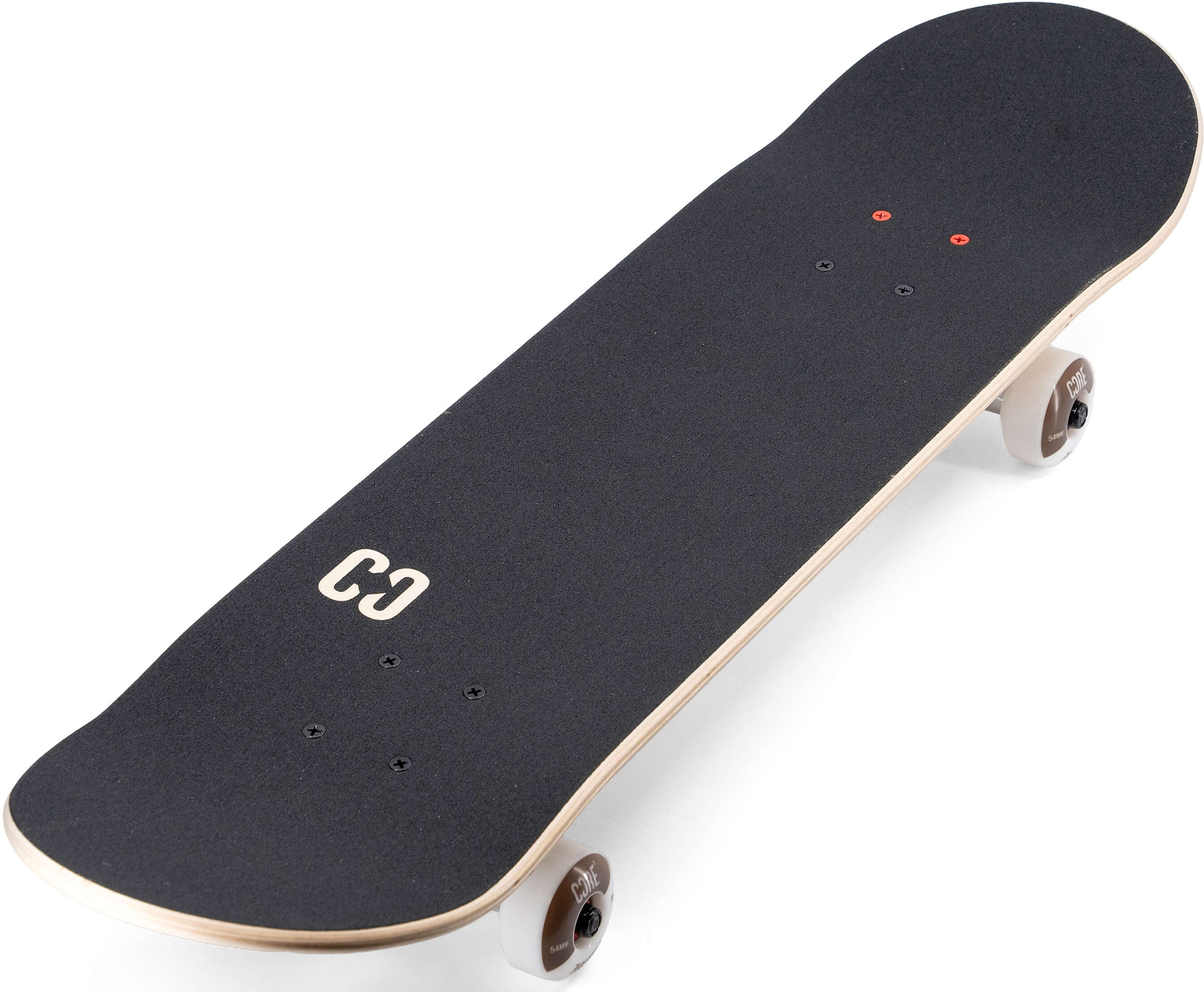 A CORE C2 Red / Black Split Complete Skateboard 7.75″ x 31″ with black grip tape, white wheels, and a white logo on the top of the maple deck.
